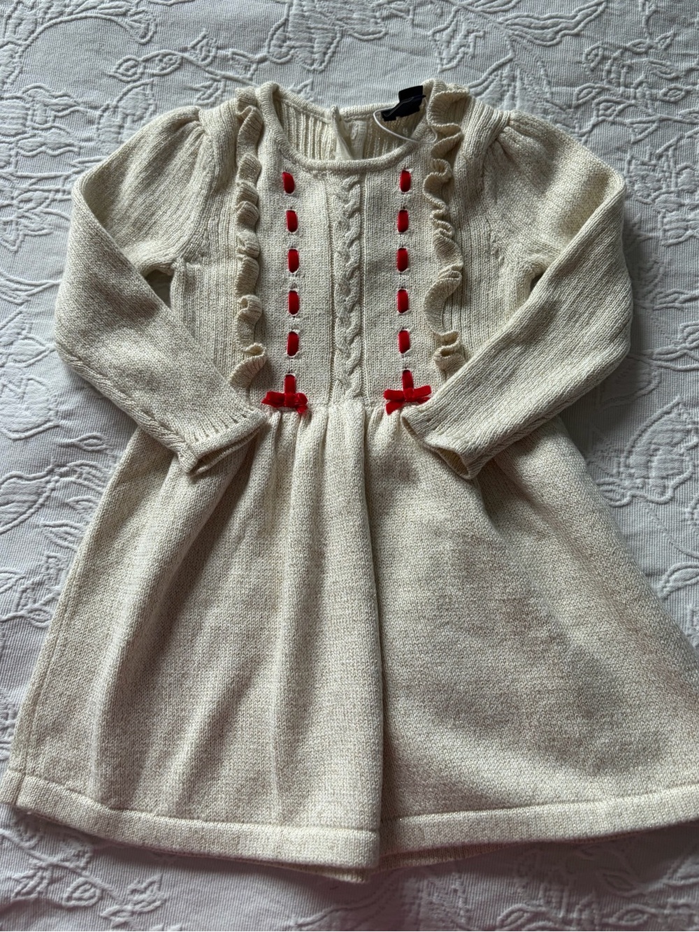Janie and Jack 12-18m Girls' Cream Knit Dress with Red Trim